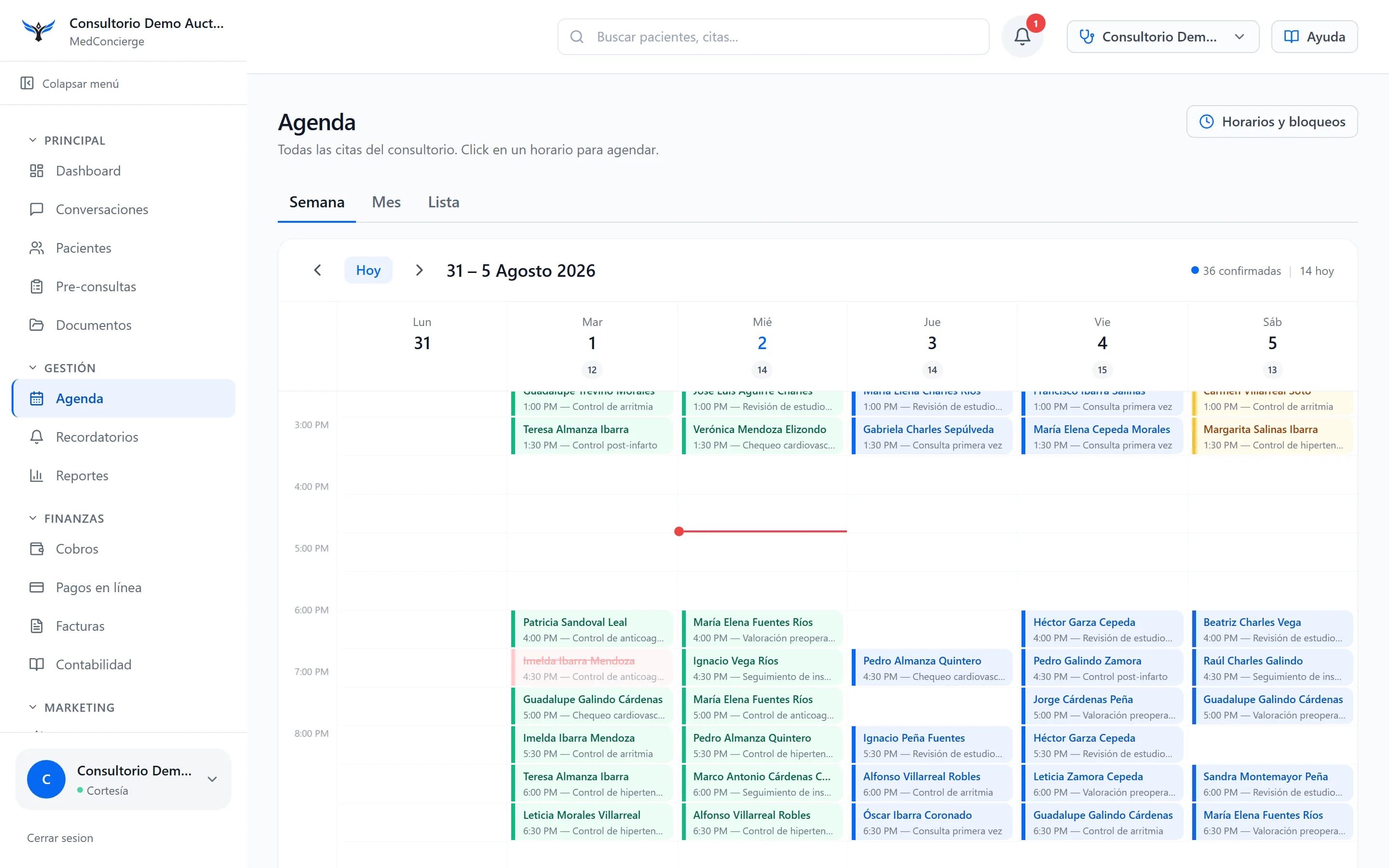 Agenda semanal del consultorio de demostración