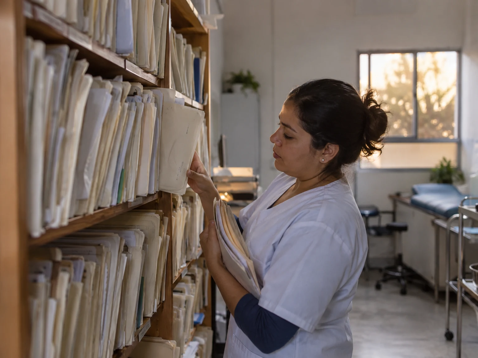 Expedientes en papel apilados en un consultorio