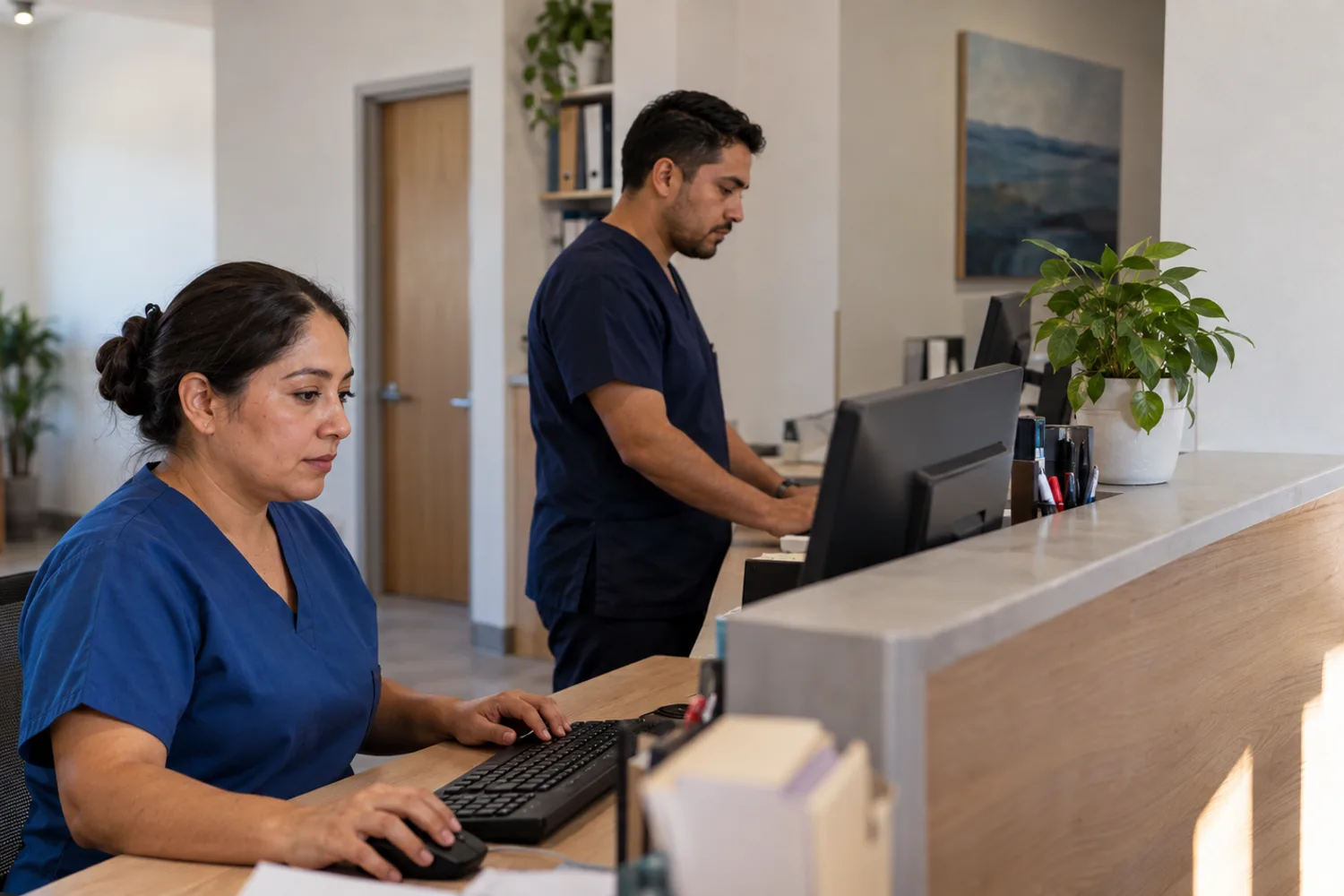 Equipo de recepción de una clínica trabajando