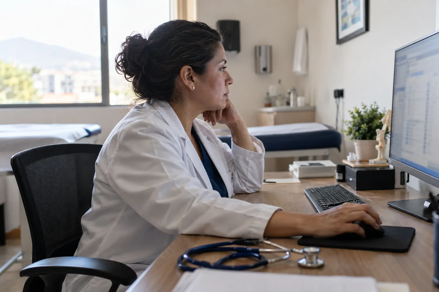 Médico revisando un expediente clínico en su consultorio