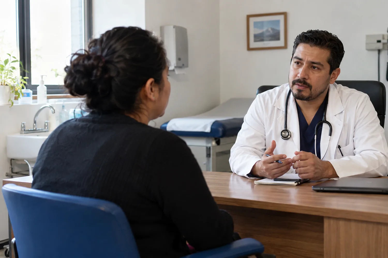 Médico conversando con un paciente en su consultorio