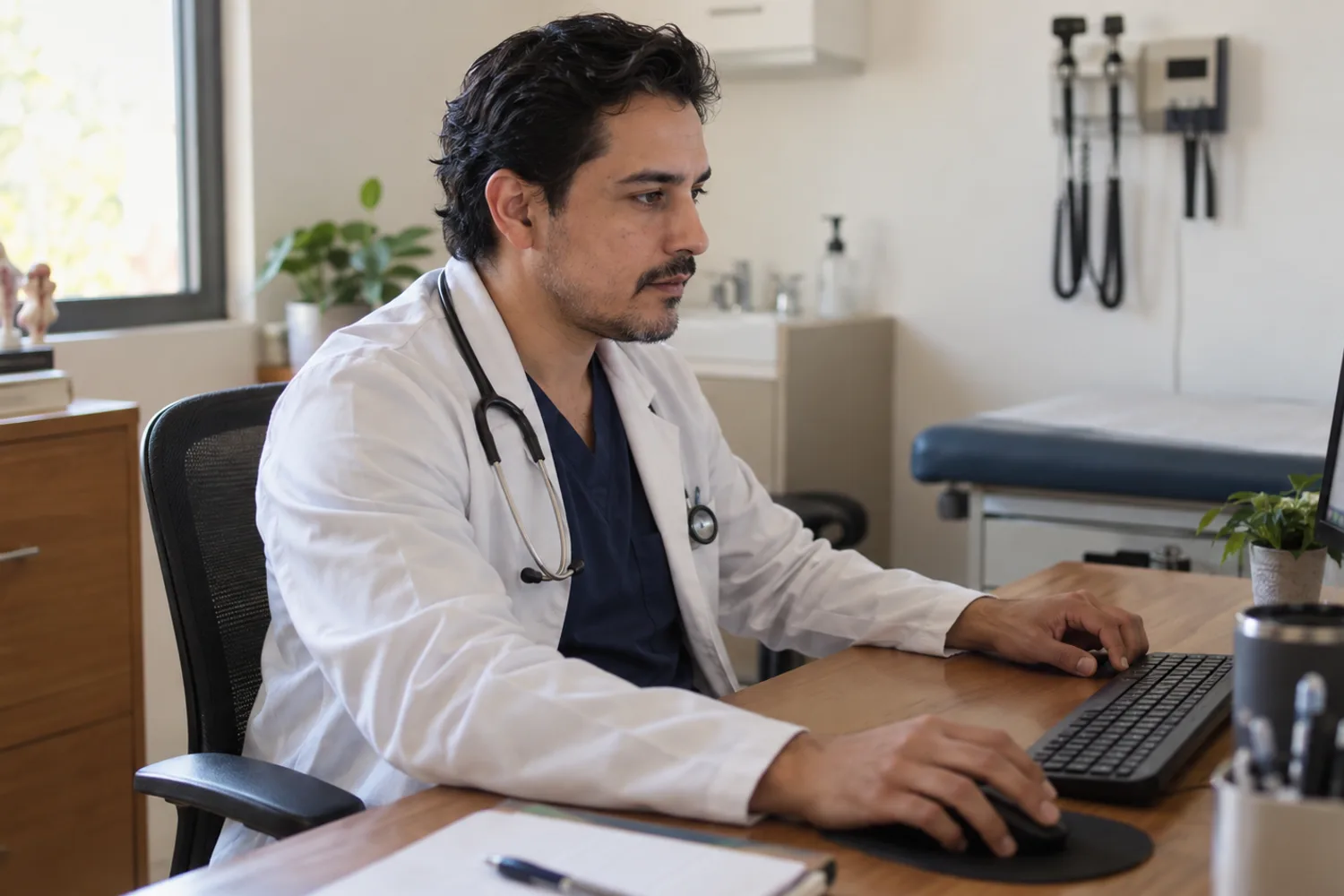 Médico trabajando en su consultorio entre pacientes