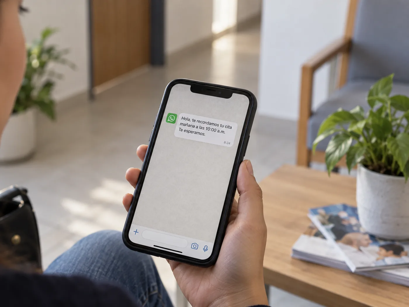 Recordatorio de cita recibido por WhatsApp en un teléfono
