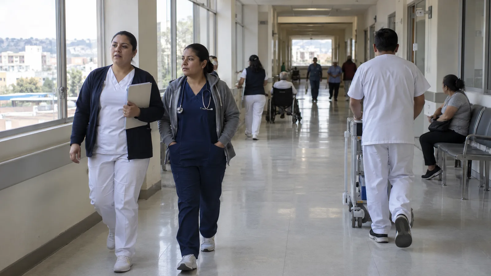Pasillo de un hospital con varias áreas de servicio